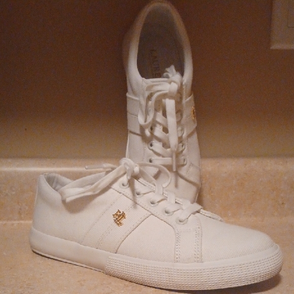 White Canvas Sneakers with Gold Logo - Picture 1 of 11